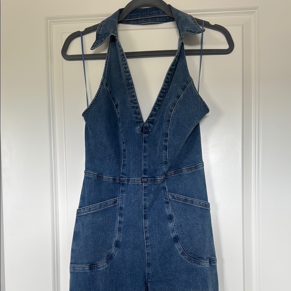 VICI Blue Denim Jumpsuit with Halter Top and Flared Legs